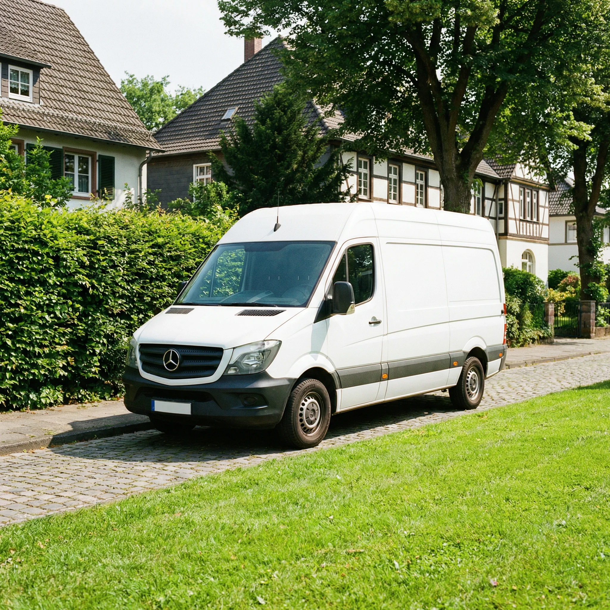 Transporter vor grüner Hecke